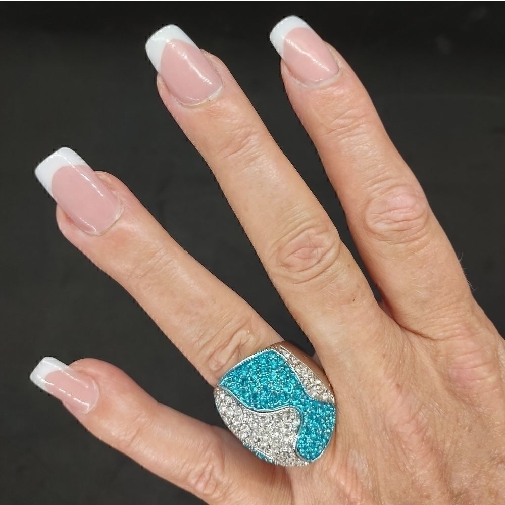 Big Aqua and Crystal Rhinestone Silver Ring sz8